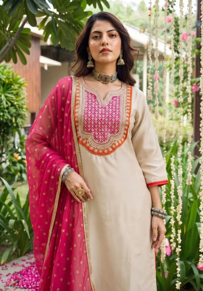 Women's Silk Embroidered Straight Chiku Kurta with Pant And Dupatta Sets – view 6
