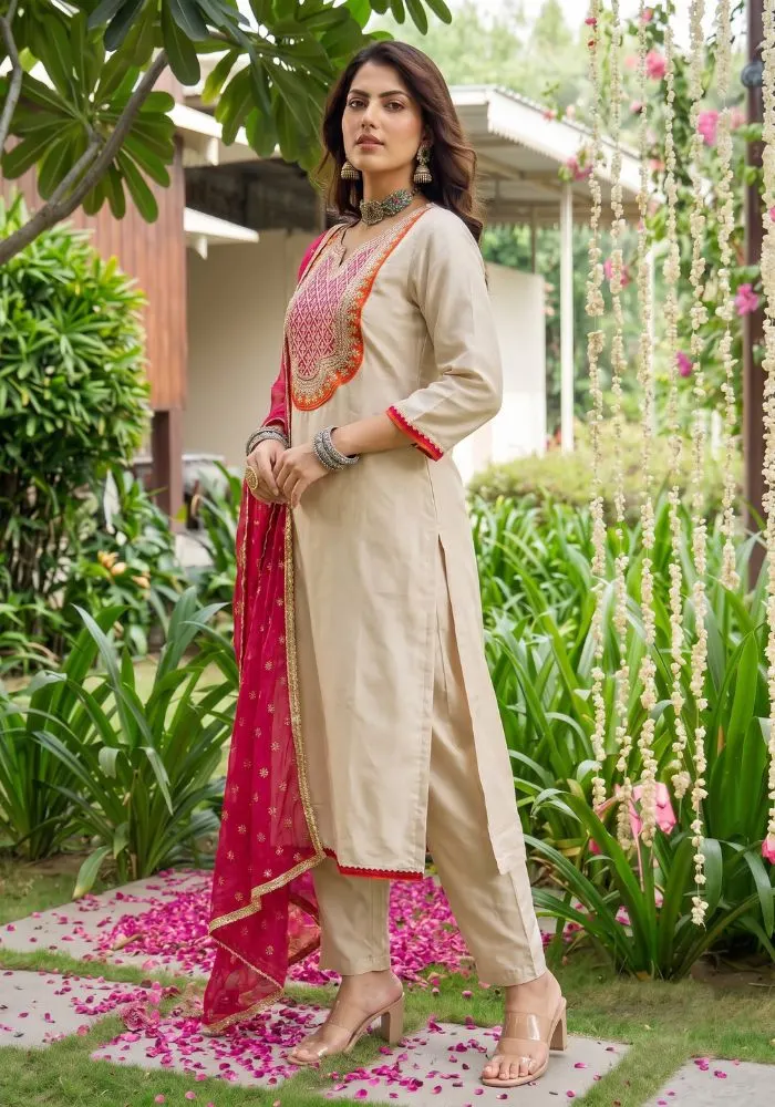 Women's Silk Embroidered Straight Chiku Kurta with Pant And Dupatta Sets – view 3