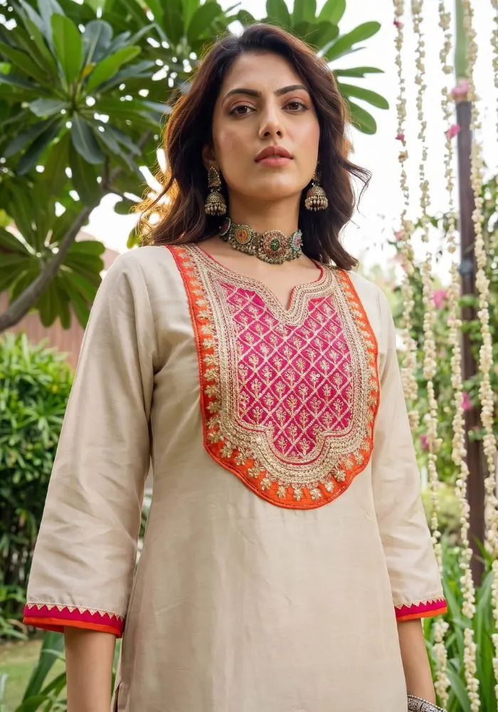 Women's Silk Embroidered Straight Chiku Kurta with Pant And Dupatta Sets – view 4