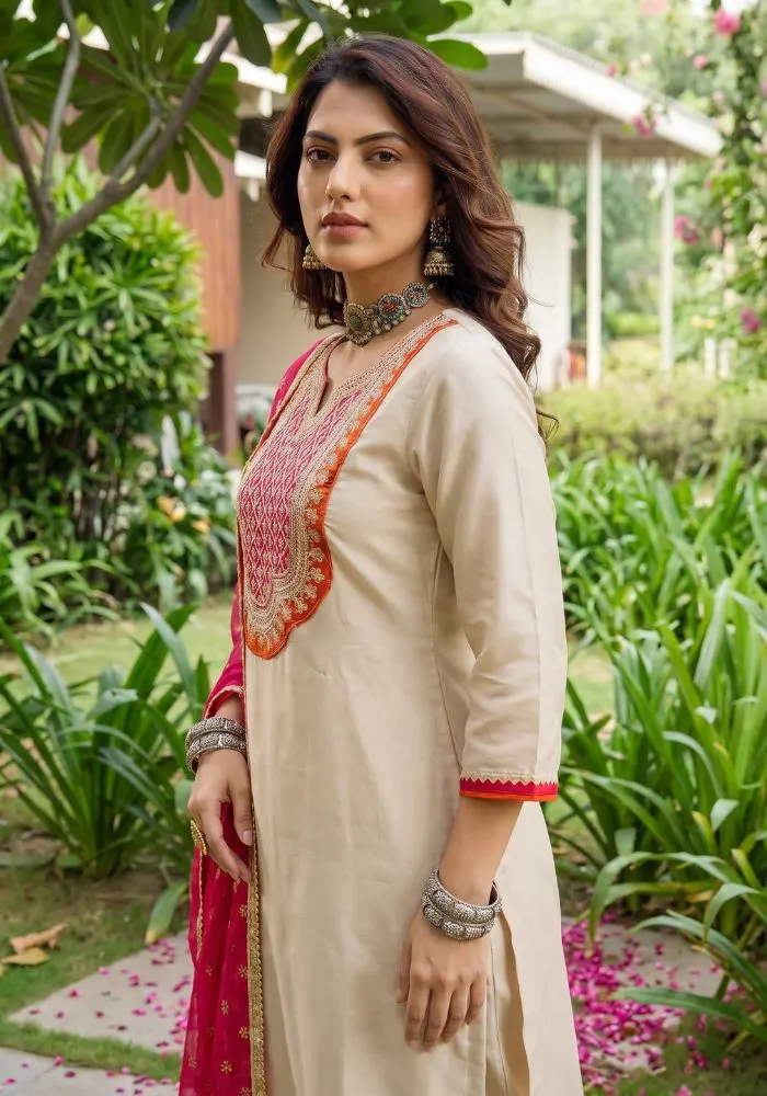 Women's Silk Embroidered Straight Chiku Kurta with Pant And Dupatta Sets – view 5