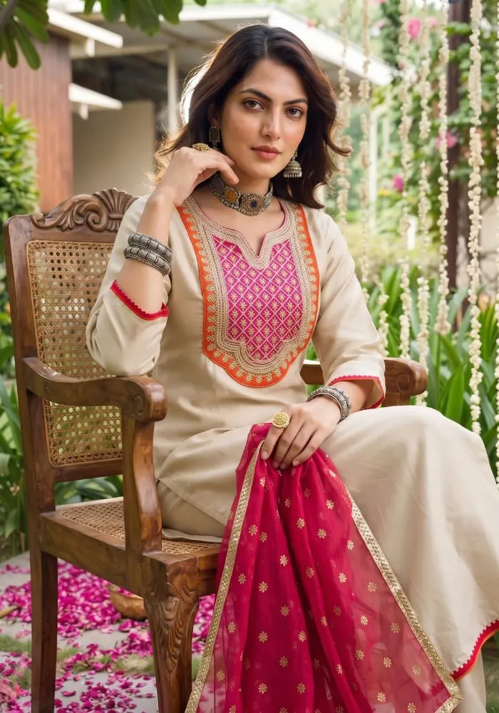 Women's Silk Embroidered Straight Chiku Kurta with Pant And Dupatta Sets – view 2