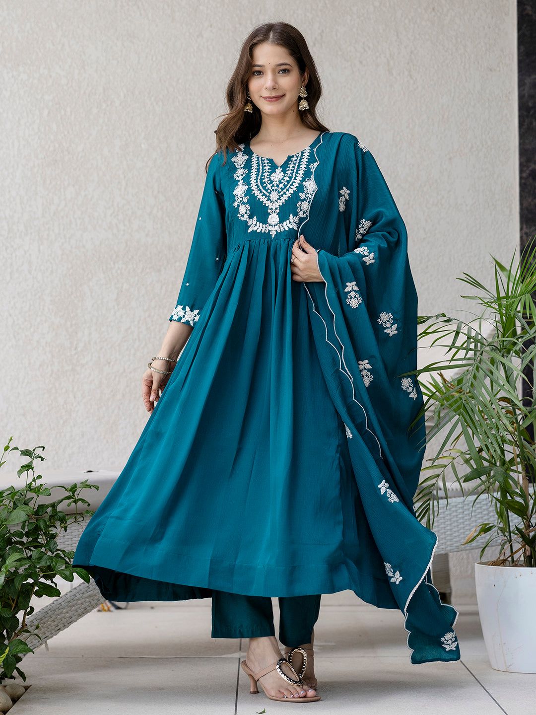 Women's Chinon with Cotton Lining Embroidered Flared Blue Kurta with Pant And Dupatta Sets – view 4