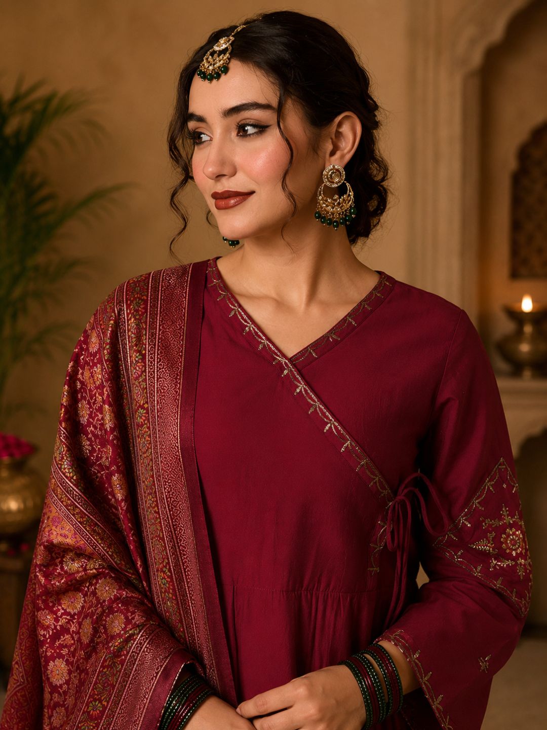 Women's Viscose Silk Embroidered Flared Maroon Kurta with Pant And Dupatta Sets – view 2