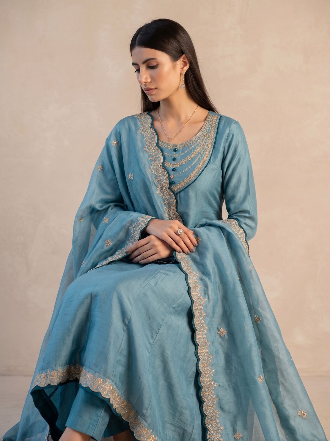 Women's Vichitra Silk Embroidered Flared Sea Blue Kurta with Pant And Dupatta Sets – view 4