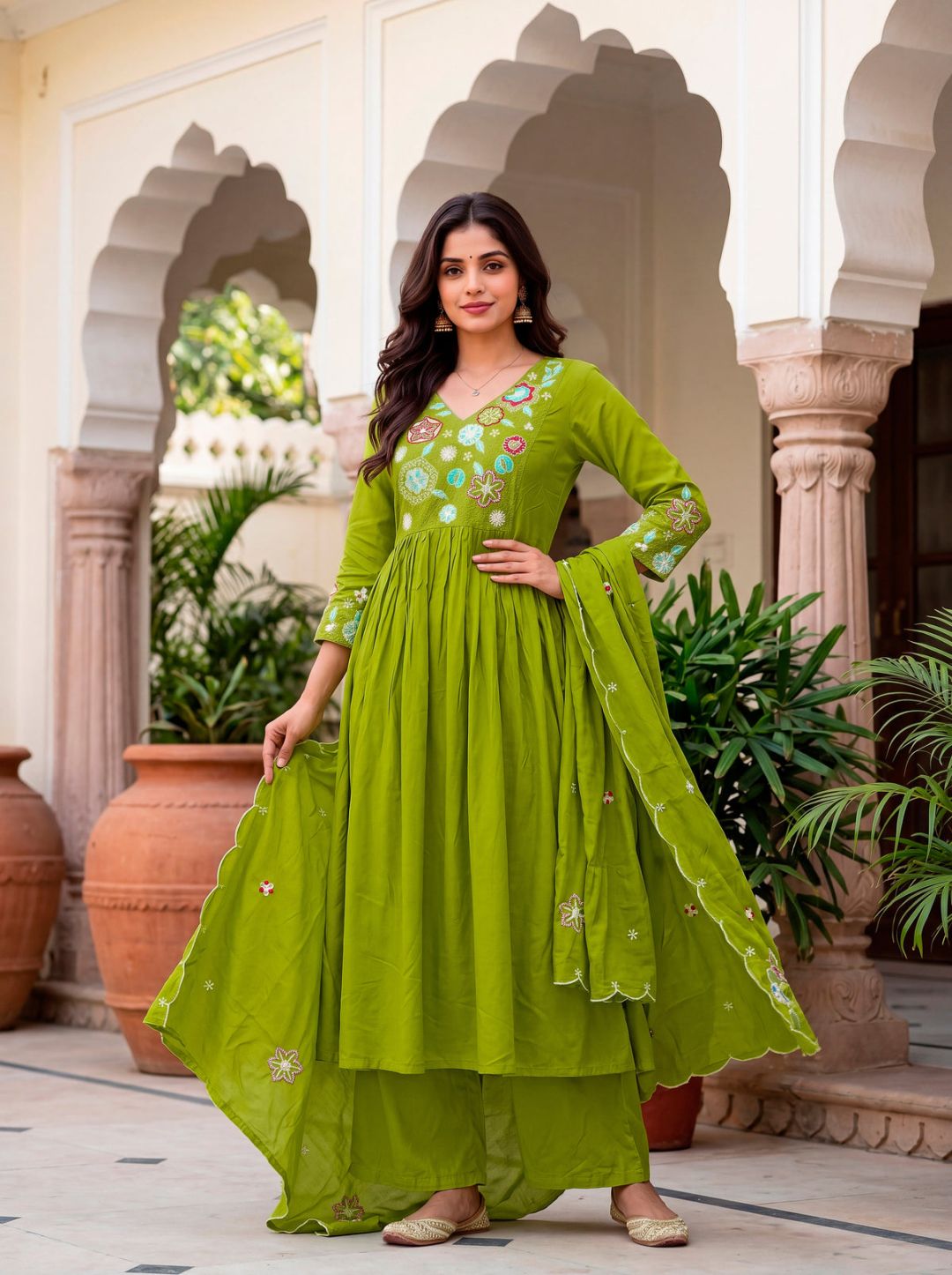 Women's Viscose Silk Embroidered Flared Kurta with Pant And Dupatta Sets – view 2