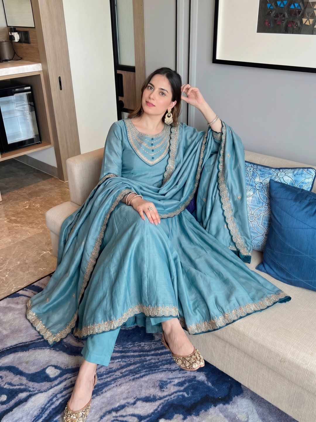 Women's Vichitra Silk Embroidered Flared Sea Blue Kurta with Pant And Dupatta Sets – view 2