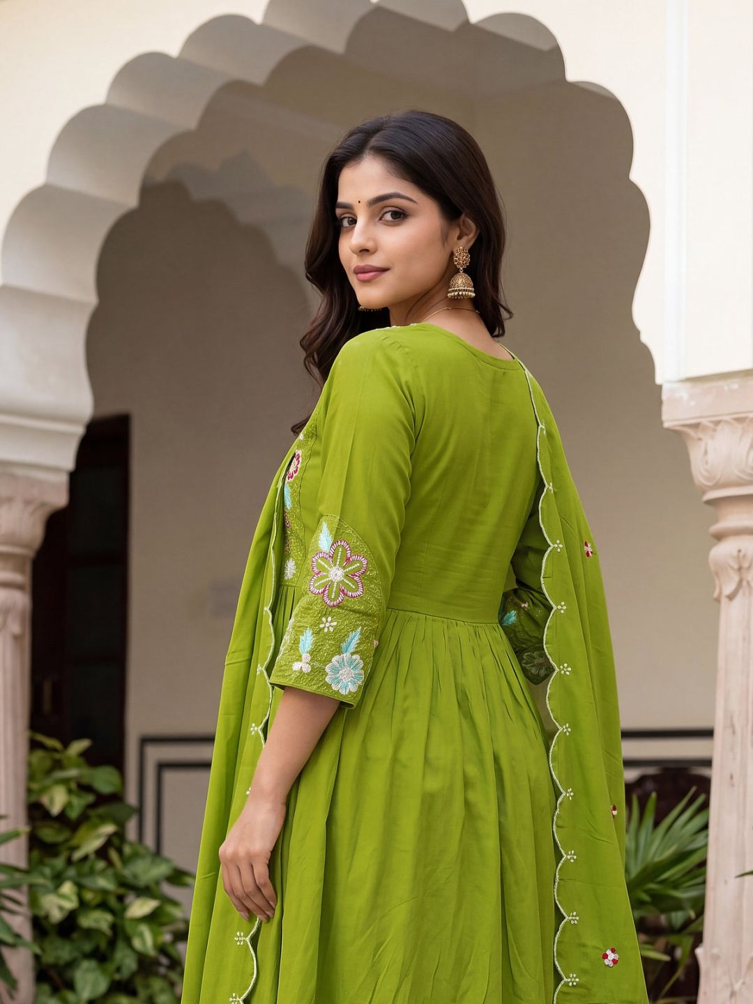 Women's Viscose Silk Embroidered Flared Kurta with Pant And Dupatta Sets – view 3