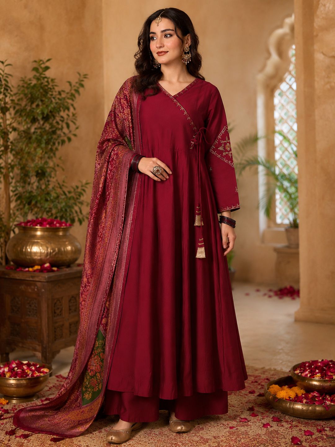 Women's Viscose Silk Embroidered Flared Maroon Kurta with Pant And Dupatta Sets – view 3