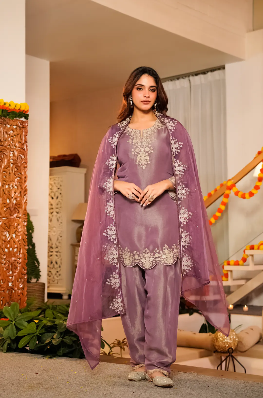 Lilac Shimmer Tissue Farshi Shalwar Suit | Peach Piper