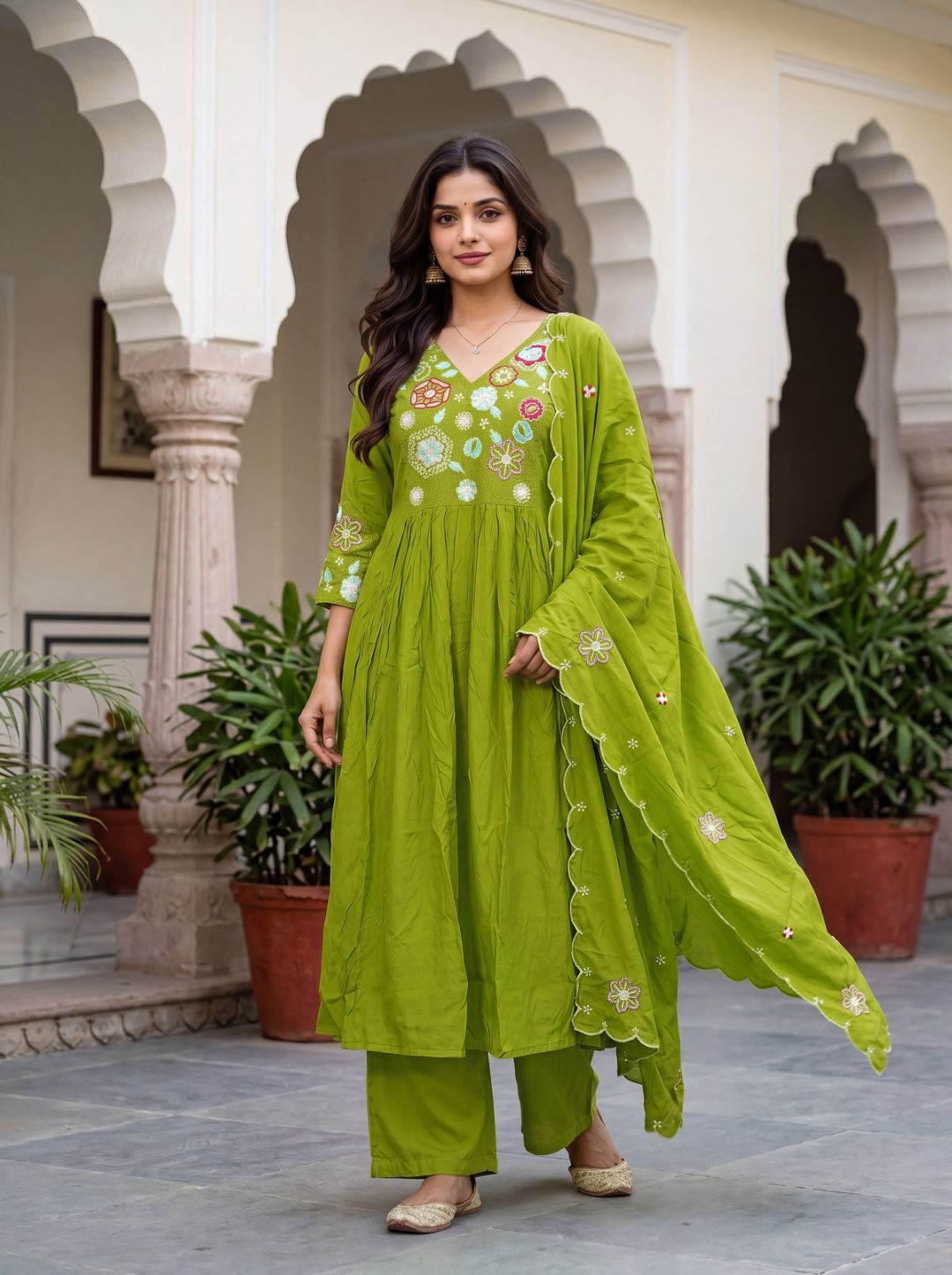 Women's Viscose Silk Embroidered Flared Kurta with Pant And Dupatta Sets – view 4