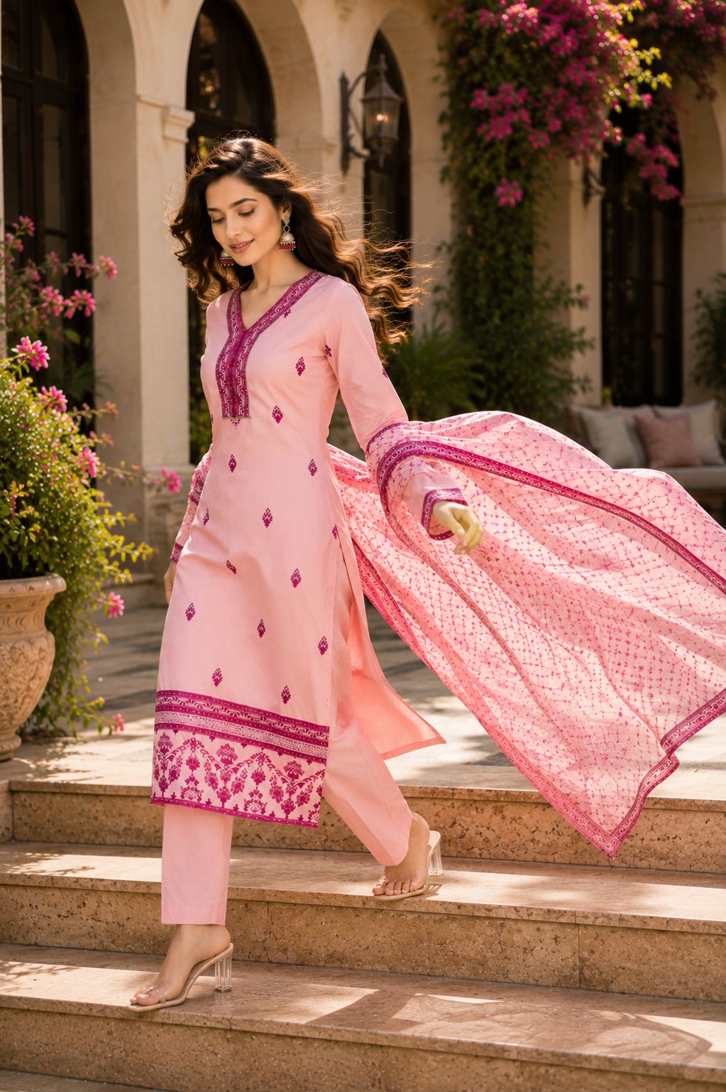 Women's Cotton Blend Embroidered Straight Peach Kurta with Pant And Dupatta Sets – view 2
