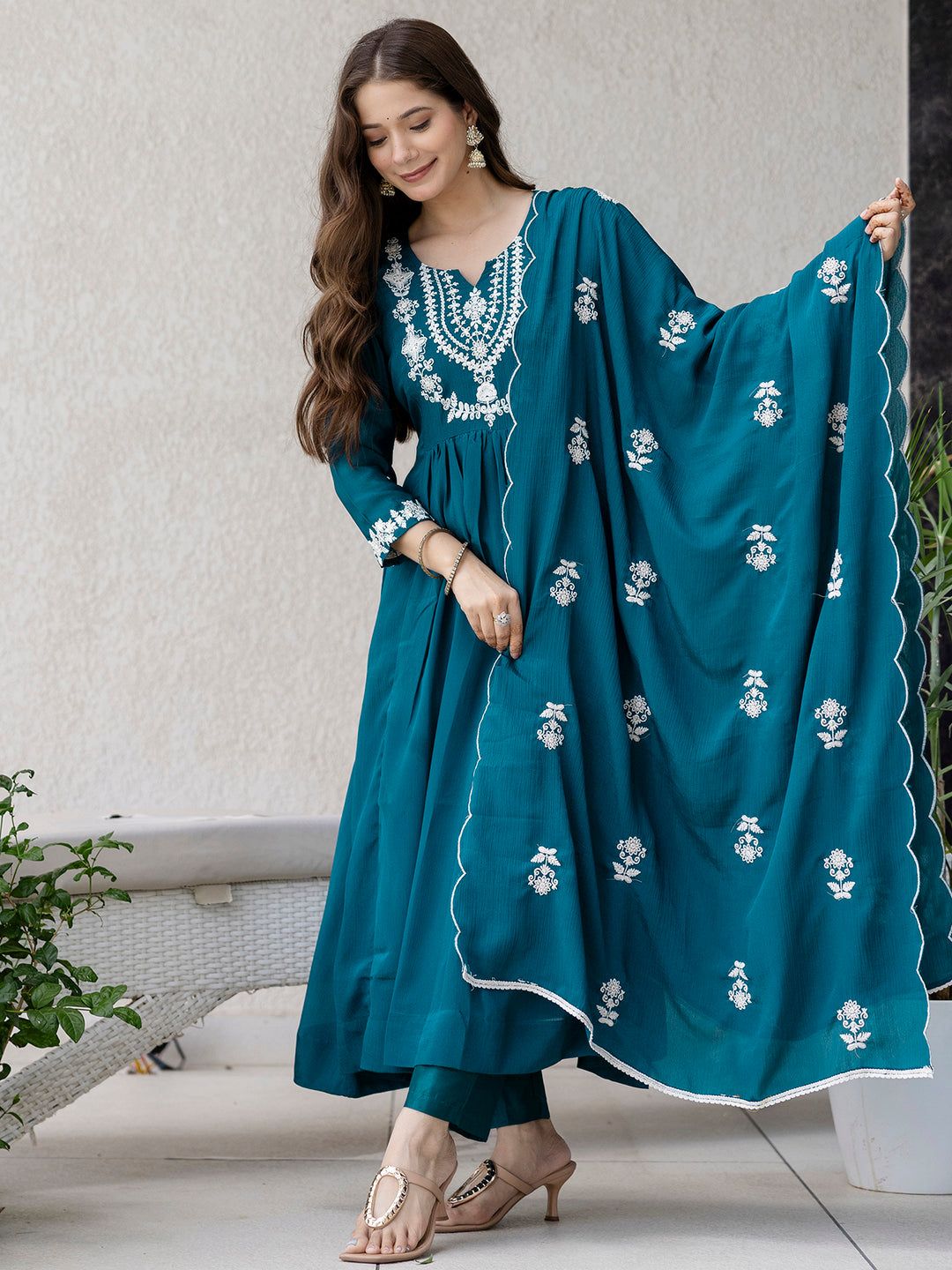 Women's Chinon with Cotton Lining Embroidered Flared Blue Kurta with Pant And Dupatta Sets – view 3