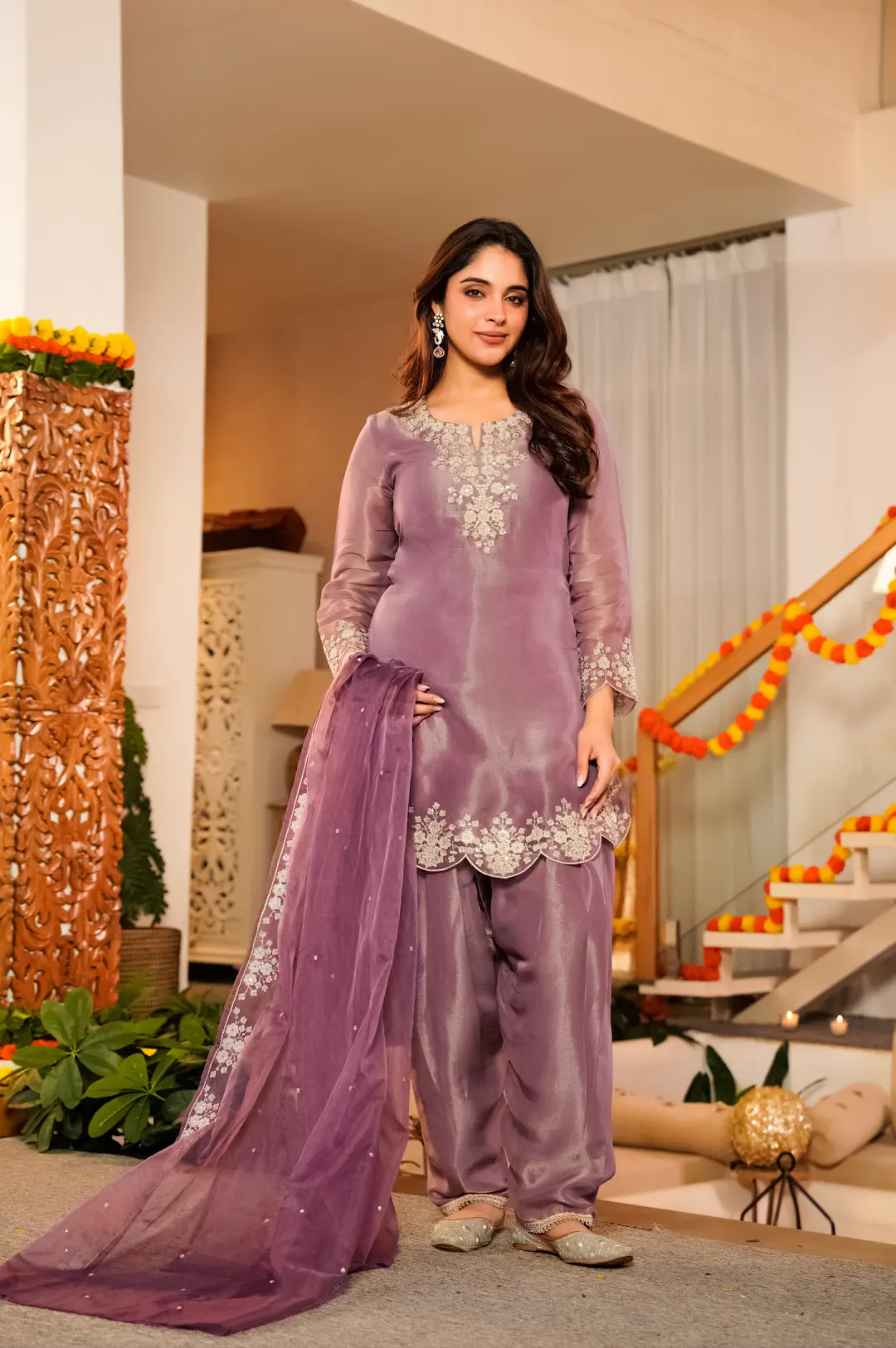 Lilac Shimmer Tissue Farshi Shalwar Suit | Peach Piper