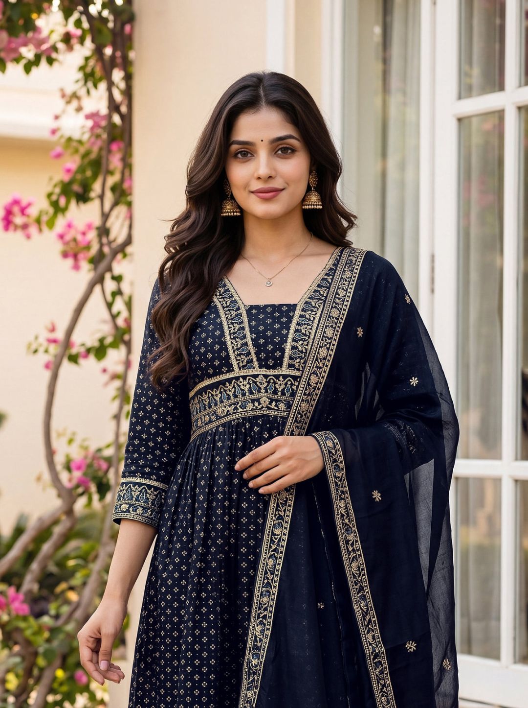 Women's Vichitra Silk Sequinned Embroidered Flared Navy Blue Kurta with Pant And Dupatta Sets – view 4