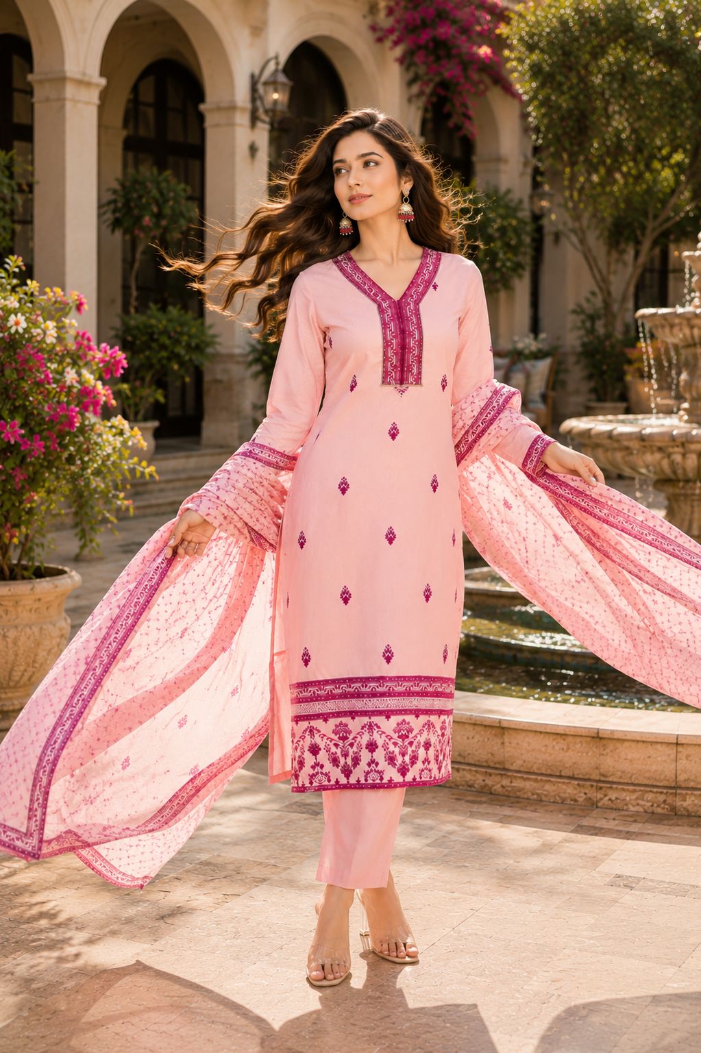 Women's Cotton Blend Embroidered Straight Peach Kurta with Pant And Dupatta Sets – view 3