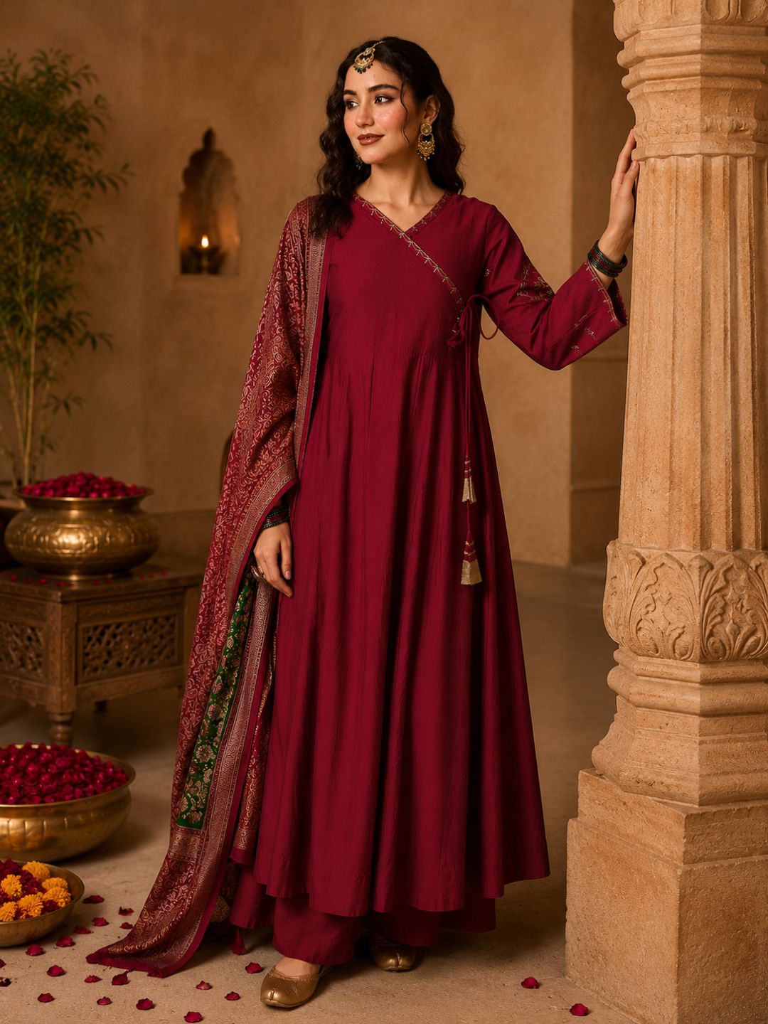 Women's Viscose Silk Embroidered Flared Maroon Kurta with Pant And Dupatta Sets – view 4