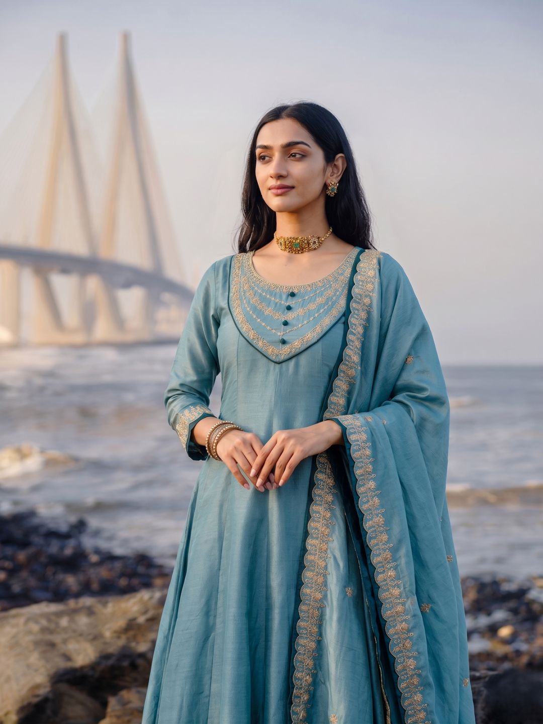 Women's Vichitra Silk Embroidered Flared Sea Blue Kurta with Pant And Dupatta Sets – view 3