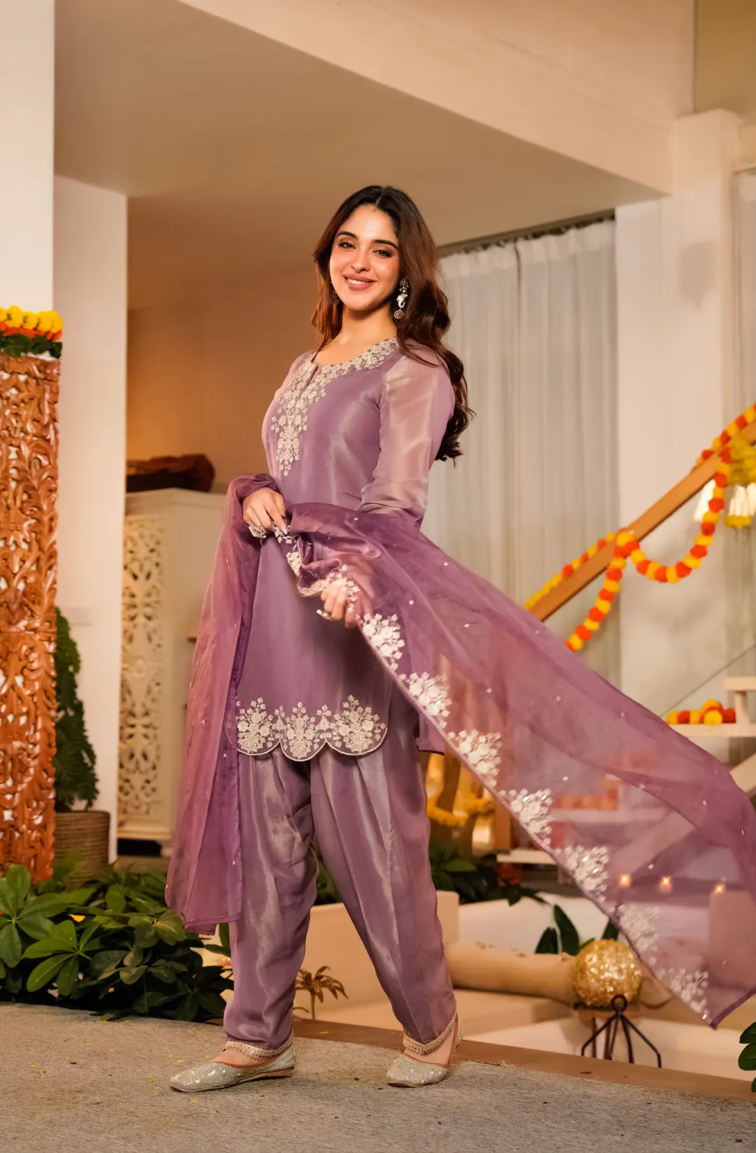 Lilac Shimmer Tissue Farshi Shalwar Suit | Peach Piper