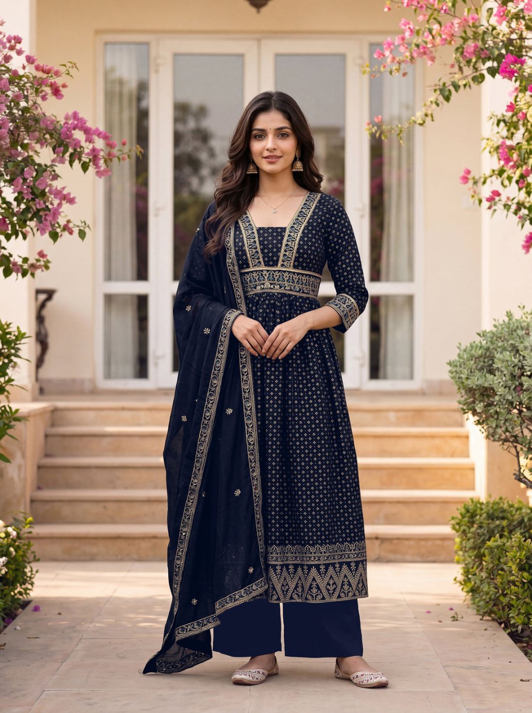 Women's Vichitra Silk Sequinned Embroidered Flared Navy Blue Kurta with Pant And Dupatta Sets – view 3