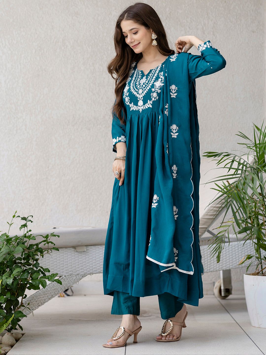 Women's Chinon with Cotton Lining Embroidered Flared Blue Kurta with Pant And Dupatta Sets – view 2