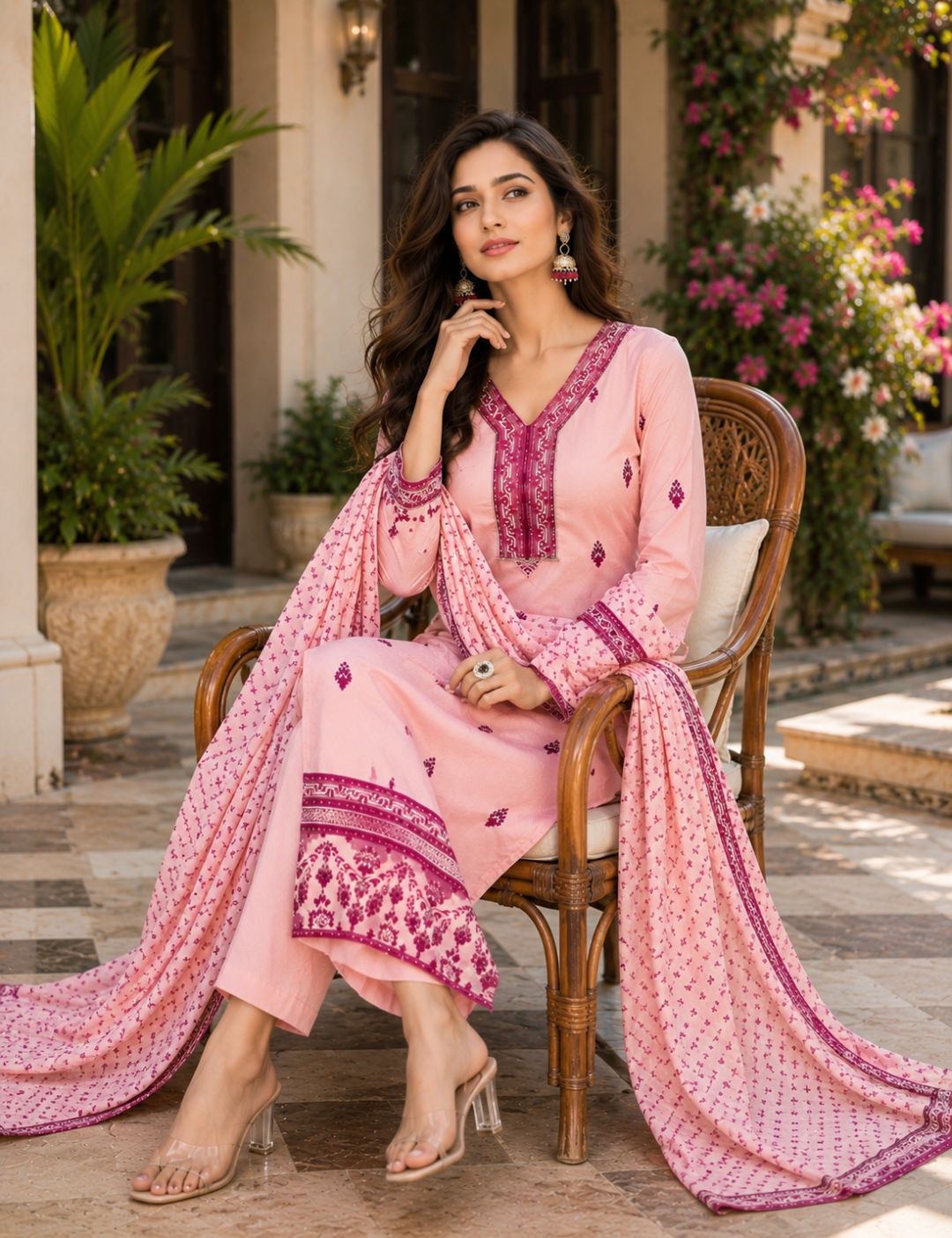 Women's Cotton Blend Embroidered Straight Peach Kurta with Pant And Dupatta Sets – view 4