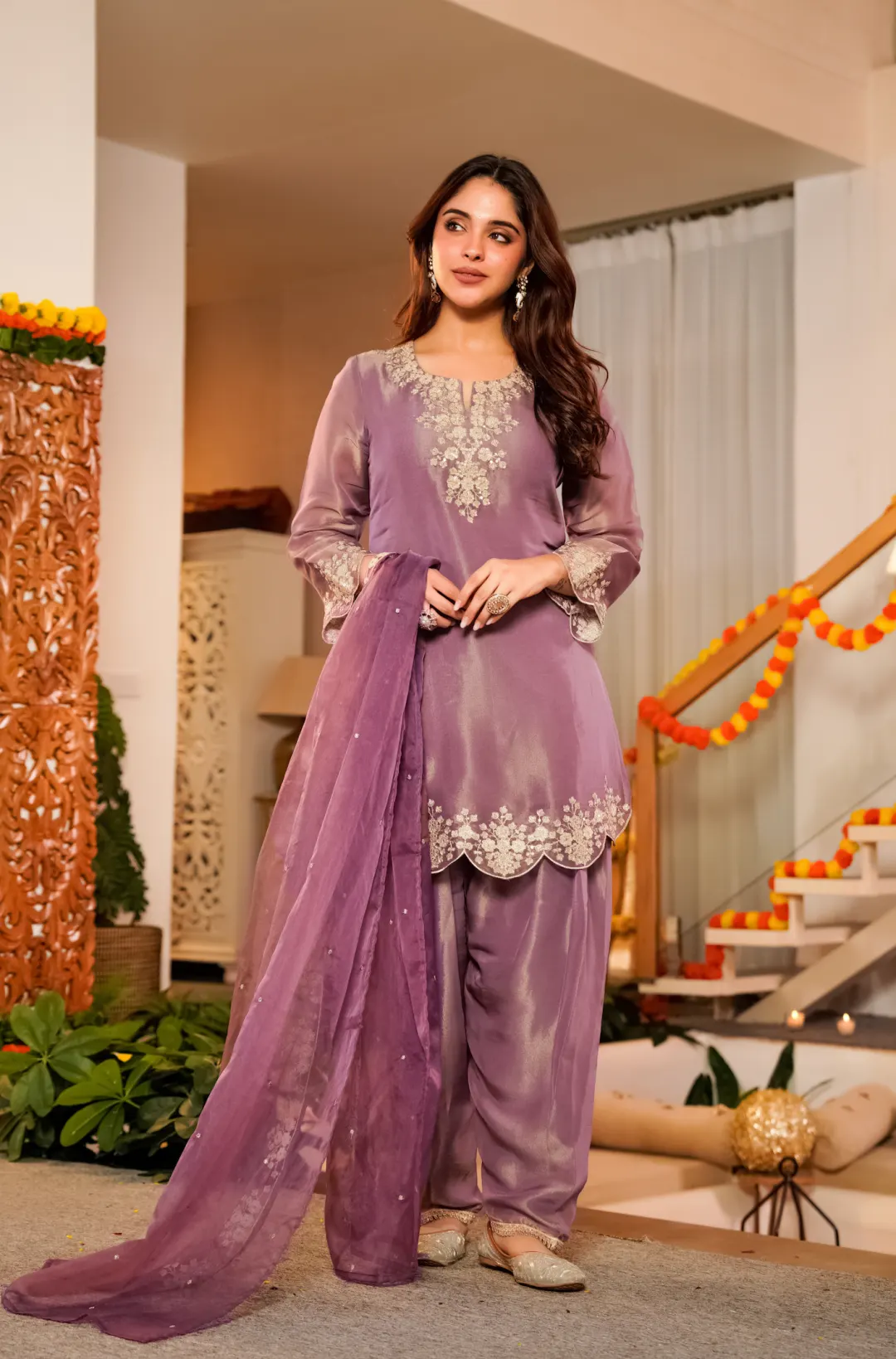 Lilac Shimmer Tissue Farshi Shalwar Suit | Peach Piper