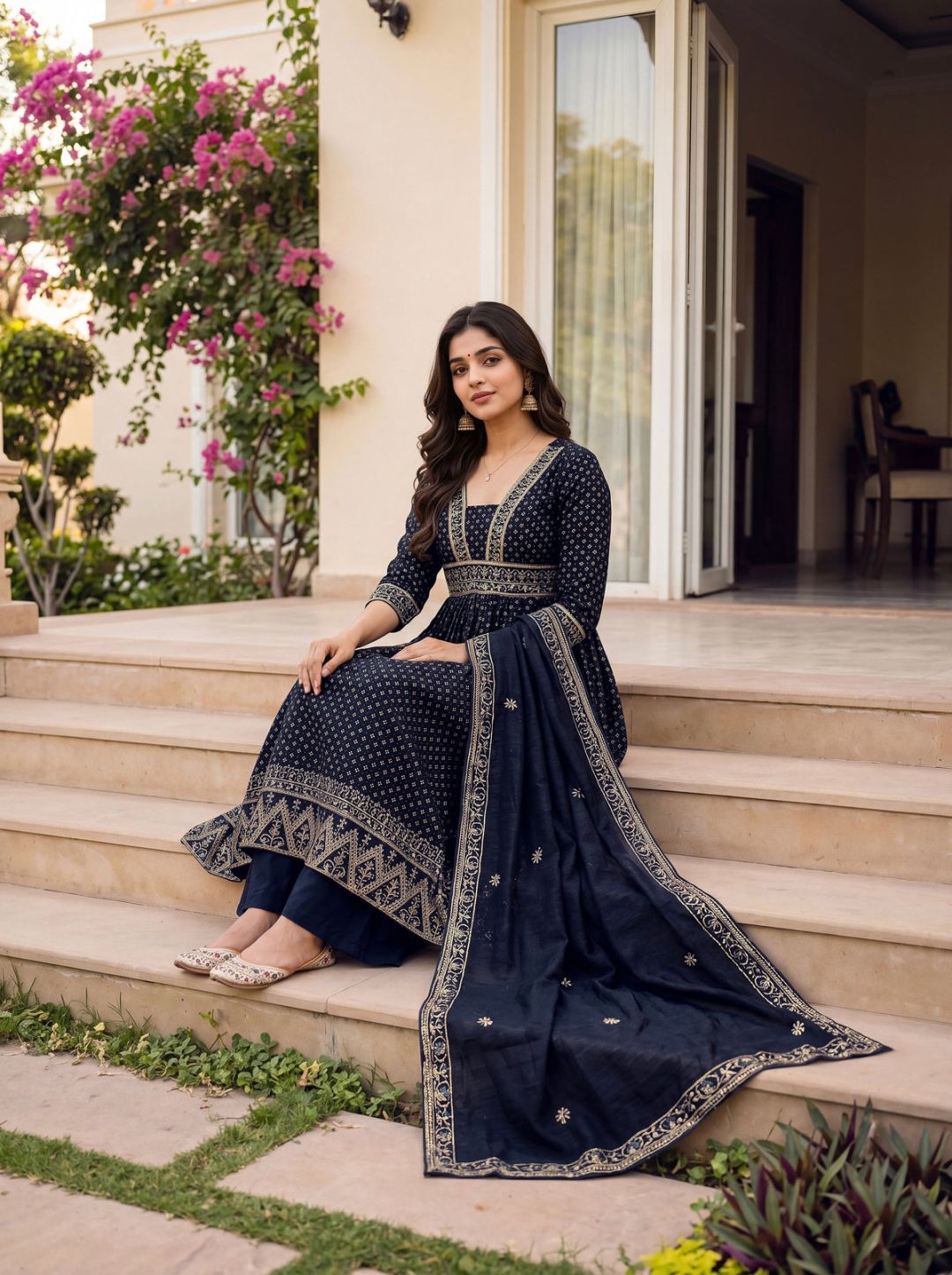 Women's Vichitra Silk Sequinned Embroidered Flared Navy Blue Kurta with Pant And Dupatta Sets – view 2