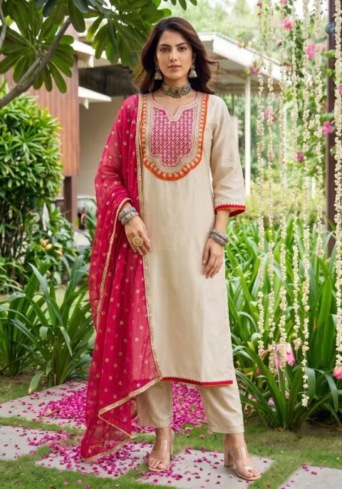 Women's Silk Embroidered Straight Chiku Kurta with Pant And Dupatta Sets