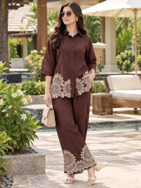 Brown Embroidered Cotton Shirt & Trouser Co-Ord Set
