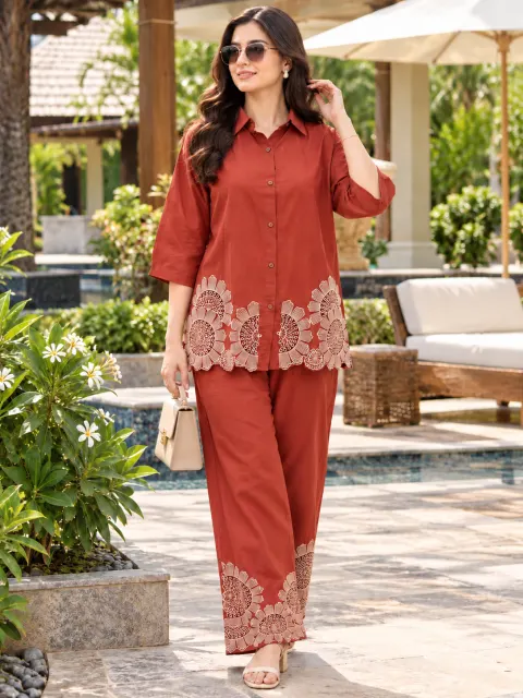 Rust Embroidered Cotton Shirt & Trouser Co-Ord Set