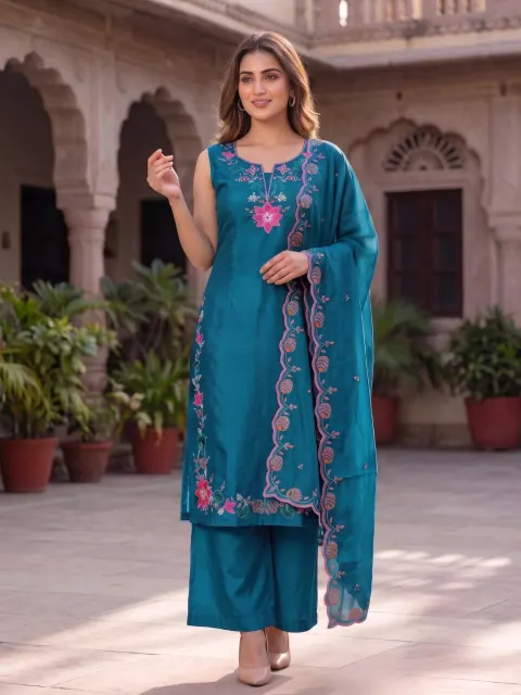 Blue Sleeveless Embroidered Kurta Palazzo Set with Dupatta