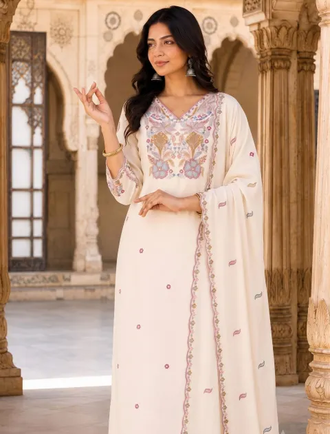 Cream Floral Embroidered Kurta Palazzo Set with Dupatta
