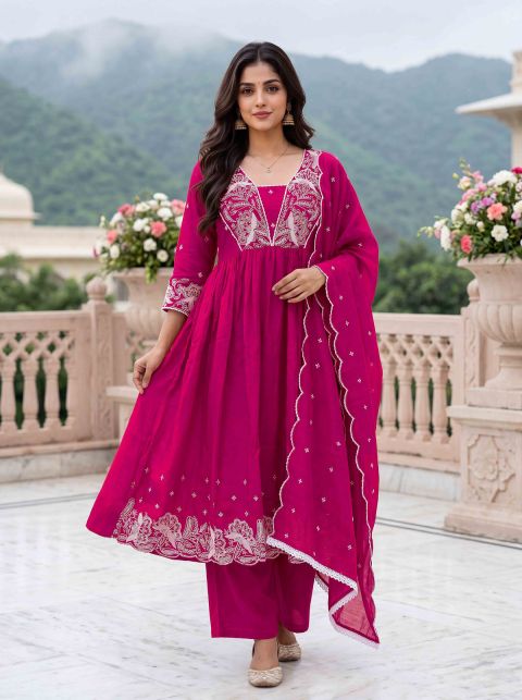 Rani Pink Vichitra Silk Flared Kurta Set with Dupatta