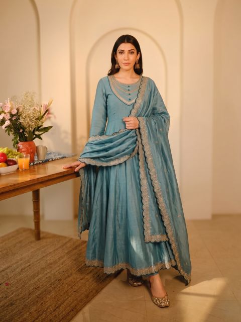 Women's Vichitra Silk Embroidered Flared Sea Blue Kurta with Pant And Dupatta Sets