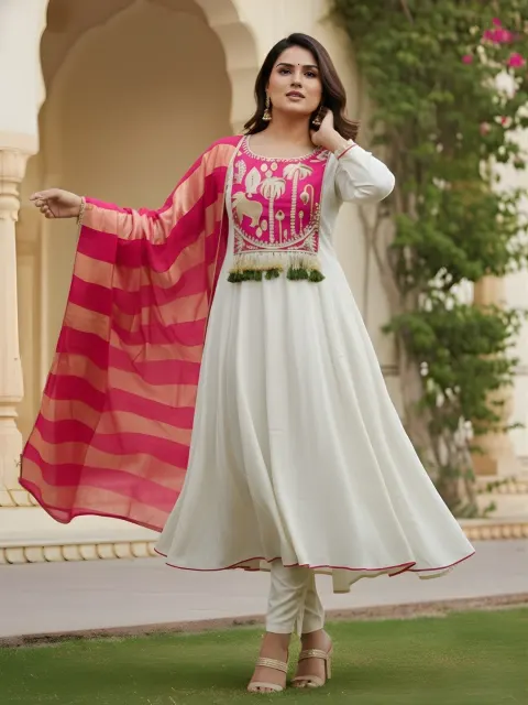 Women's Silk Embroidered Anarkali Flared Kurta with Pant And Dupatta Sets