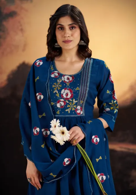Blue Roman Silk Embroidered Kurta Set with Dupatta