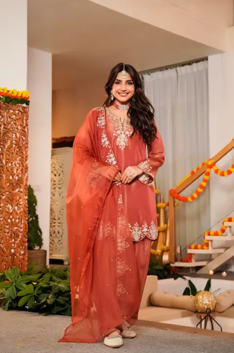 Orange Shimmer Tissue Farshi Shalwar Suit