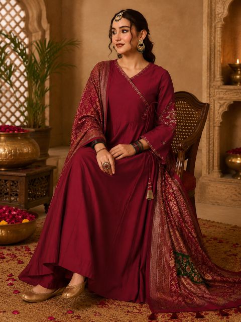 Women's Viscose Silk Embroidered Flared Maroon Kurta with Pant And Dupatta Sets