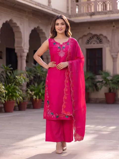 Pink Sleeveless Embroidered Kurta Palazzo Set with Dupatta