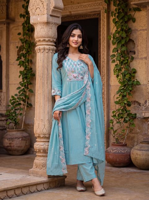 Women's Silk With Lining Embroidered Flared Kurta with Pant And Dupatta Sets