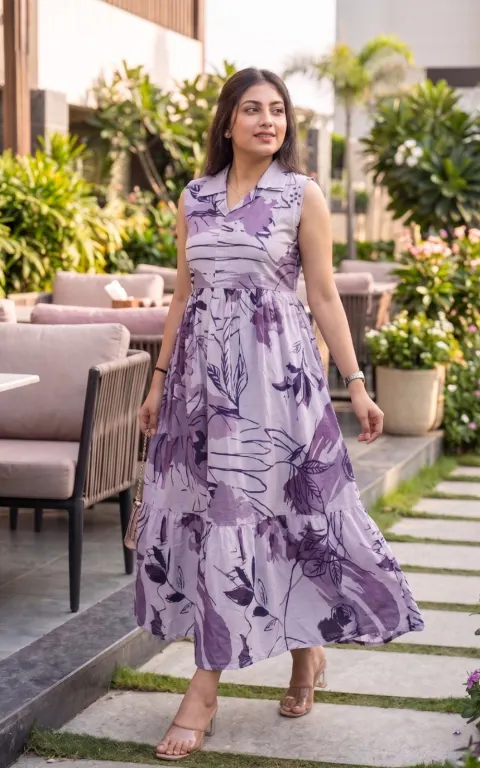 Lavender Bloom Floral Printed Sleeveless Maxi Dress for Women