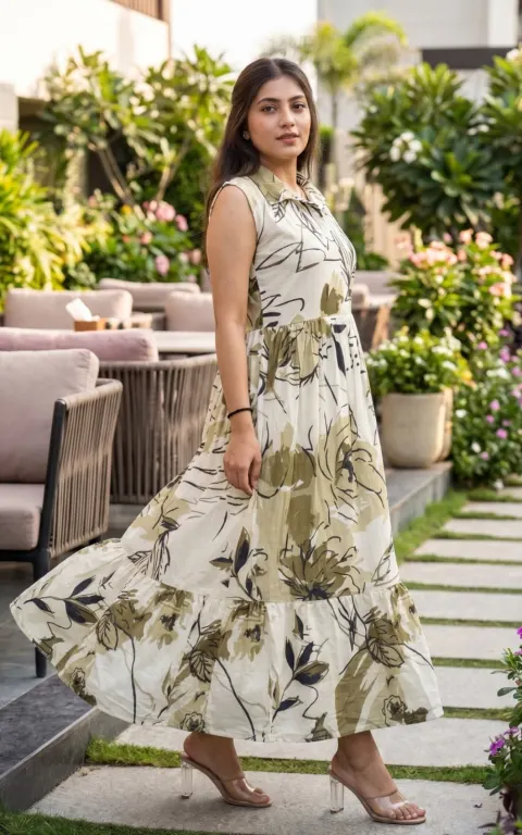 Beige Earth Floral Printed Sleeveless Maxi Dress for Women