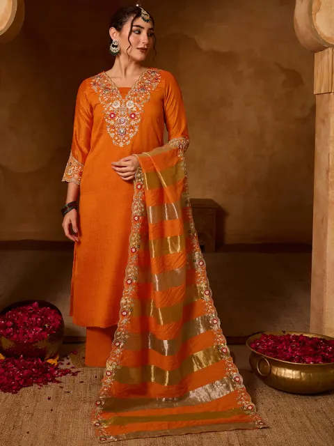 Rust Silk Blend Straight Kurta Set with Dupatta