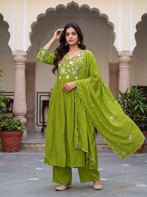 Women's Viscose Silk Embroidered Flared Kurta with Pant And Dupatta Sets