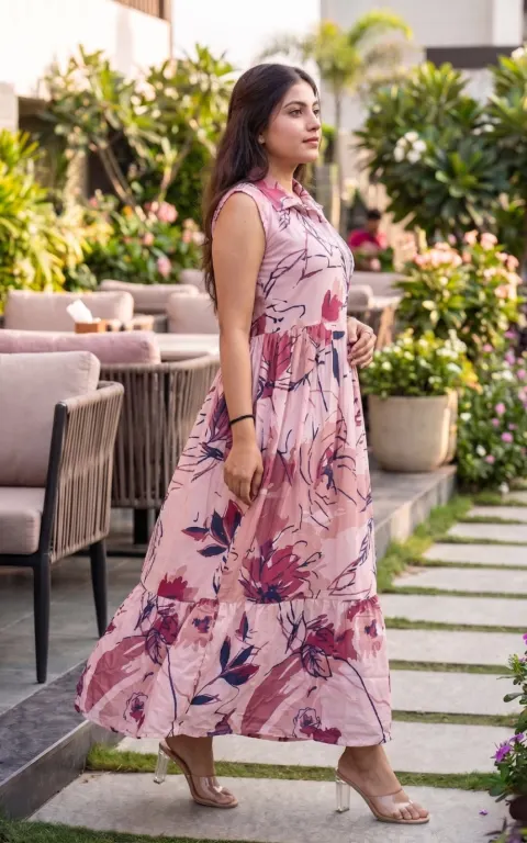 Pink Blossom Floral Printed Sleeveless Maxi Dress for Women