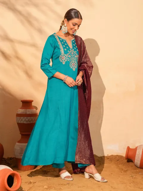 Firoji Teal Silk Slub Embroidered Kurta Set with Dupatta