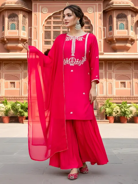 Women's Viscose Silk Embroidered Straight Kurta with Sharara And Dupatta Sets
