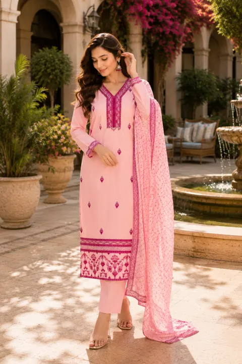 Women's Cotton Blend Embroidered Straight Peach Kurta with Pant And Dupatta Sets