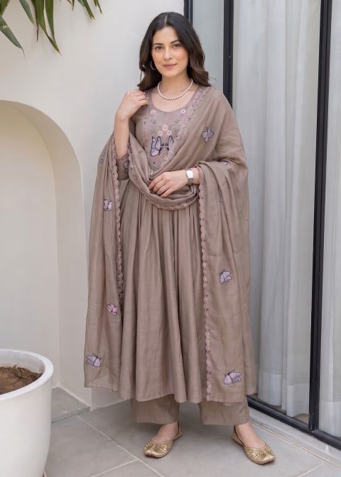 Chiku Mocha Vichitra Silk Flared Kurta Set with Dupatta