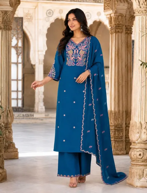 Blue Floral Embroidered Kurta Palazzo Set with Dupatta